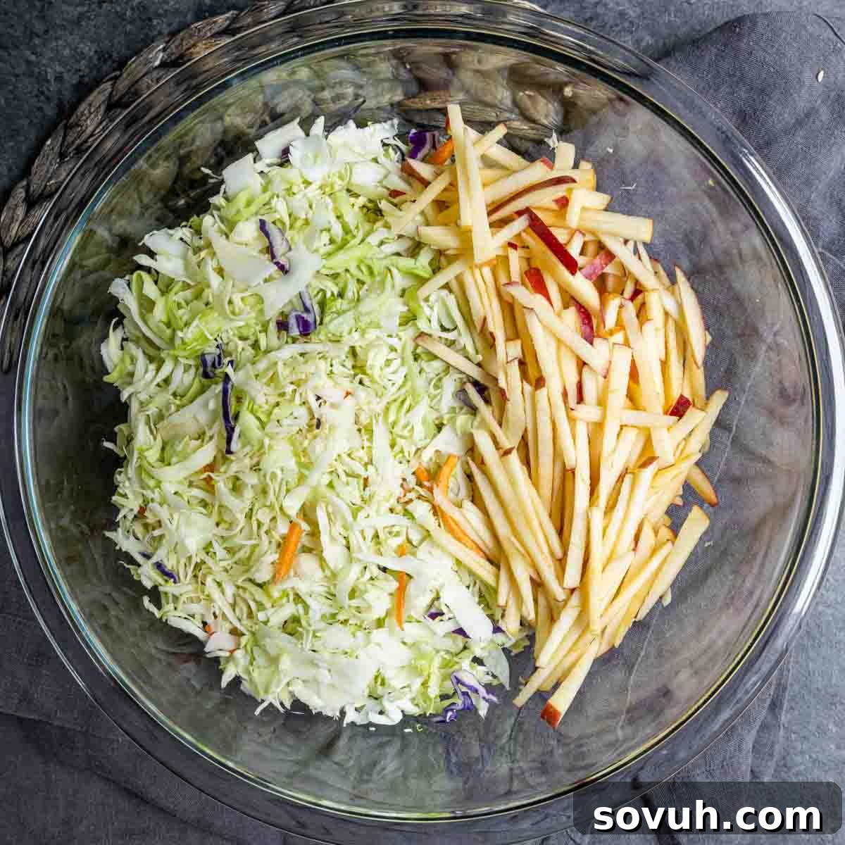 glass bowl of Apple coleslaw without dressing