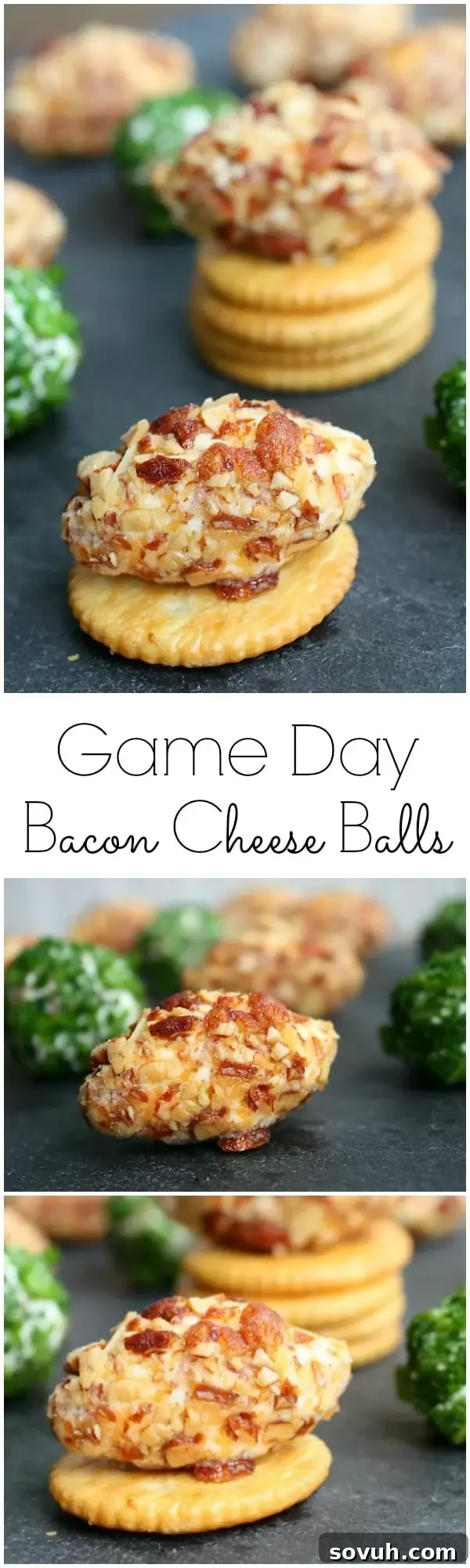 Close-up of football-shaped Game Day Bacon Cheese Balls on a platter with crackers, highlighting the crunchy almond coating.