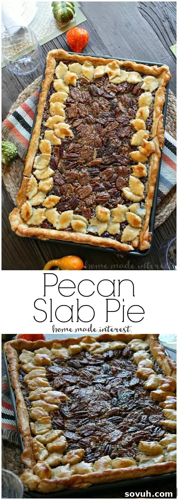 A stunning pecan slab pie, richly filled and beautifully decorated with fall leaf crust cutouts, sitting on a wooden table. Perfect for Thanksgiving and Christmas desserts.