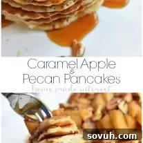 Delicious Caramel Apple Pecan Pancakes with fluffy texture, creamy caramel sauce, baked apples, and crunchy pecans.