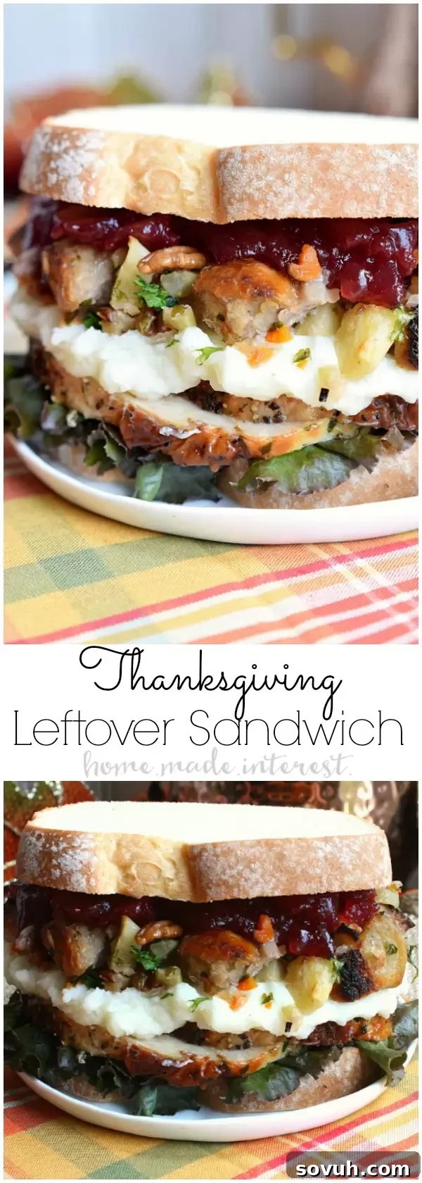 This incredible Thanksgiving Leftovers Sandwich features layers of succulent turkey, creamy mashed potatoes, savory stuffing, and tangy cranberry sauce, all nestled between soft slices of bread for the ultimate post-holiday treat.
