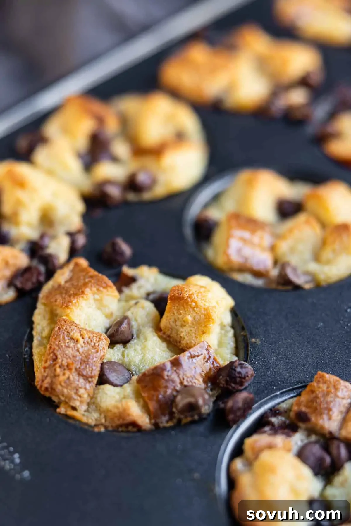 Close-up of baked bread pudding muffins with visible chunks of bread and chocolate chips in a muffin tin.
