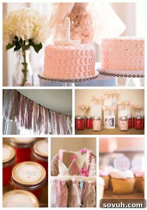 A beautiful collage showcasing a shabby chic Sugar & Spice first birthday party theme, with decorated cakes, cake pops, and a fabric rag banner. Perfect for baby showers and vintage celebrations.