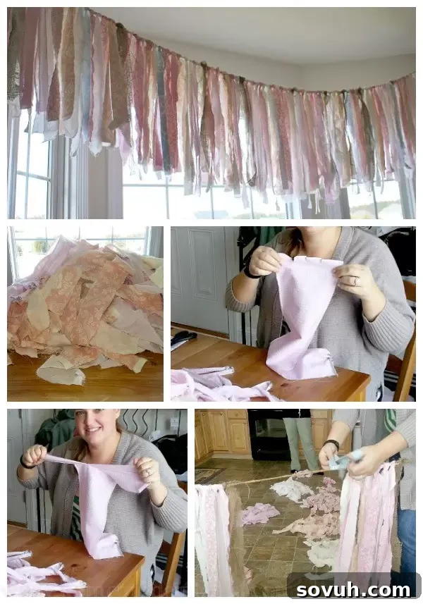 A visual guide on how to tear fabric strips for a DIY shabby chic rag banner, perfect for vintage party decorations.