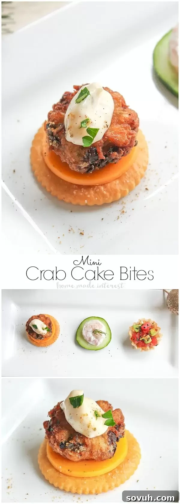 Delicious Mini Crab Cake Bites served on RITZ Crackers with cheddar cheese for an elegant holiday appetizer