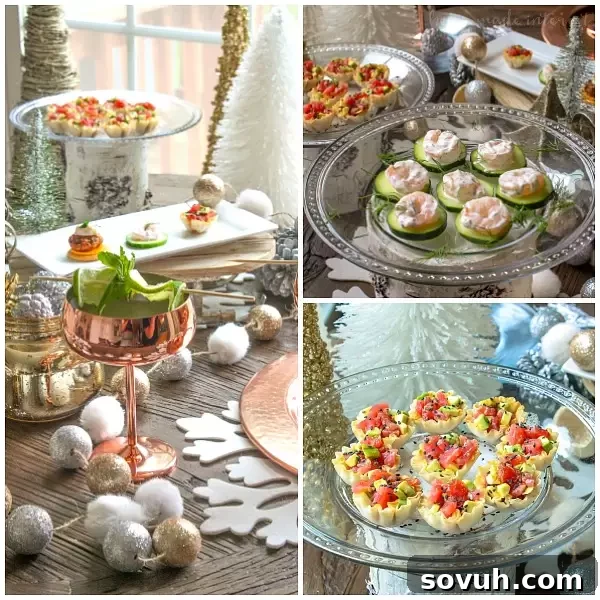 A collage of delicious seafood appetizers including Mini Crab Cake Bites, Shrimp and Dill Cucumbers, and Tuna Avocado Sushi Cups