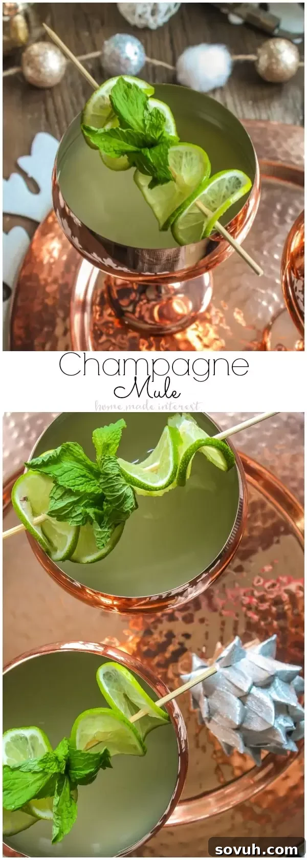 A sparkling Champagne Moscow Mule cocktail garnished with fresh lime and mint, served in a classic copper mug, perfect for festive celebrations.