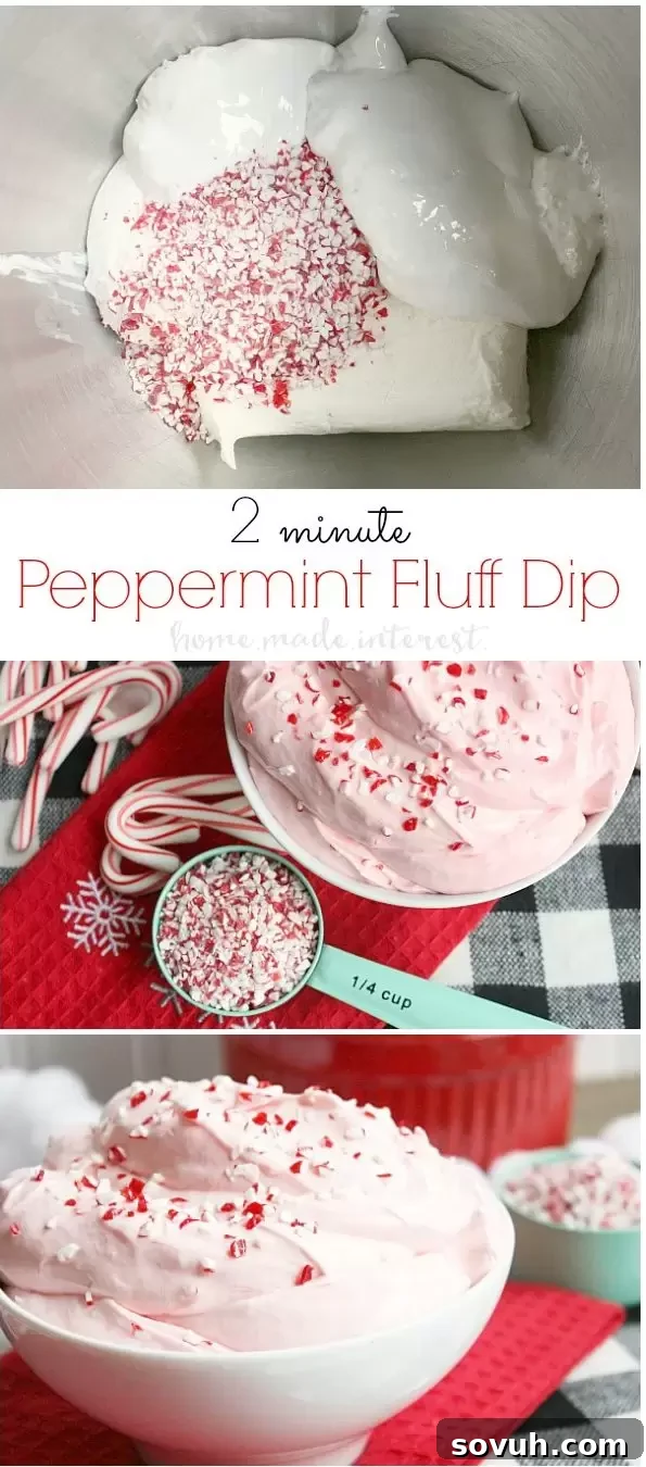 This easy no bake peppermint fluff dip is an easy dessert recipe that even the kids can make! Crush peppermints and creamy marshmallow fluff make this dip perfect for Christmas dessert! If you like marshmallow fluff and cream cheese together you are going to love this peppermint dessert.