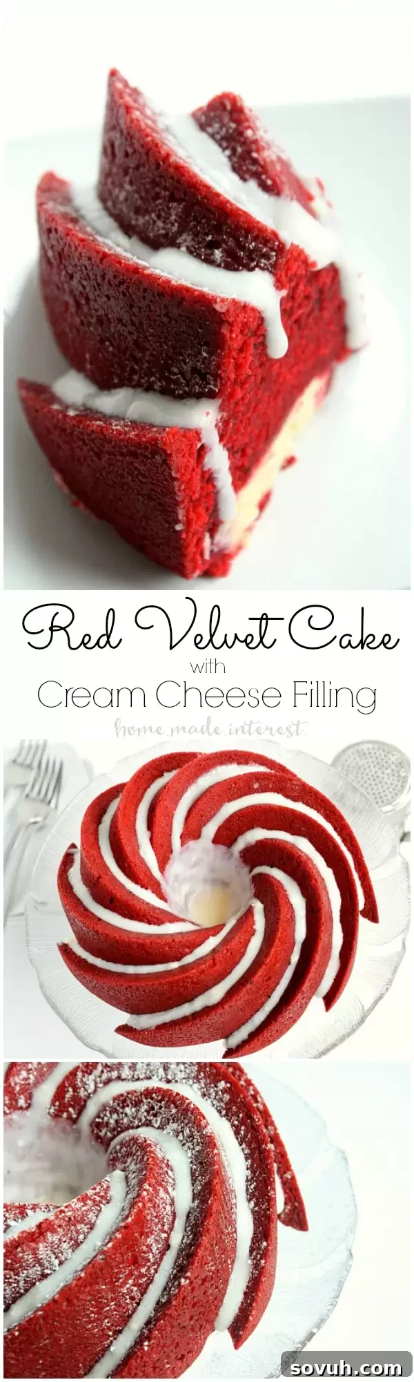 Get ready for Valentine’s Day with this Red Velvet Bundt Cake with cream cheese filling. It is a beautiful and easy Valentine’s Day dessert recipe filled with cream cheese and topped with a cream cheese glaze. It is an amazing red velvet cake recipe for Valentine’s Day!