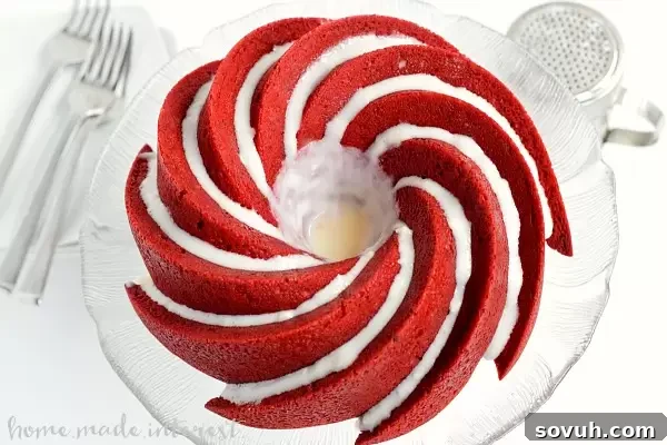 Get ready for Valentine’s Day with this Red Velvet Bundt Cake with cream cheese filling. It is a beautiful and easy Valentine’s Day dessert recipe filled with cream cheese and topped with a cream cheese glaze. It is an amazing red velvet cake recipe for Valentine’s Day!