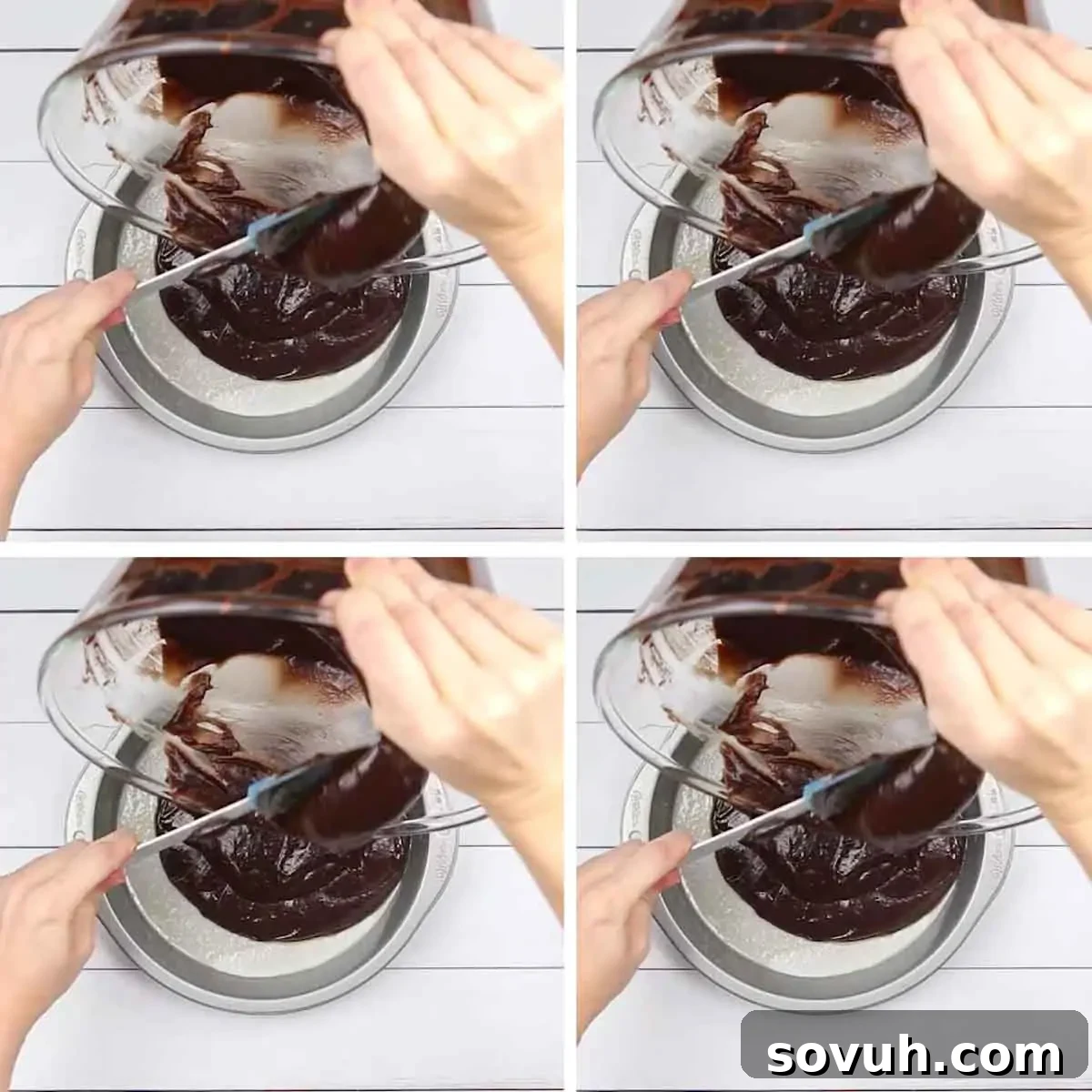 A person carefully pouring rich brownie batter into a prepared 9-inch round cake pan with a spatula, ensuring an even layer.