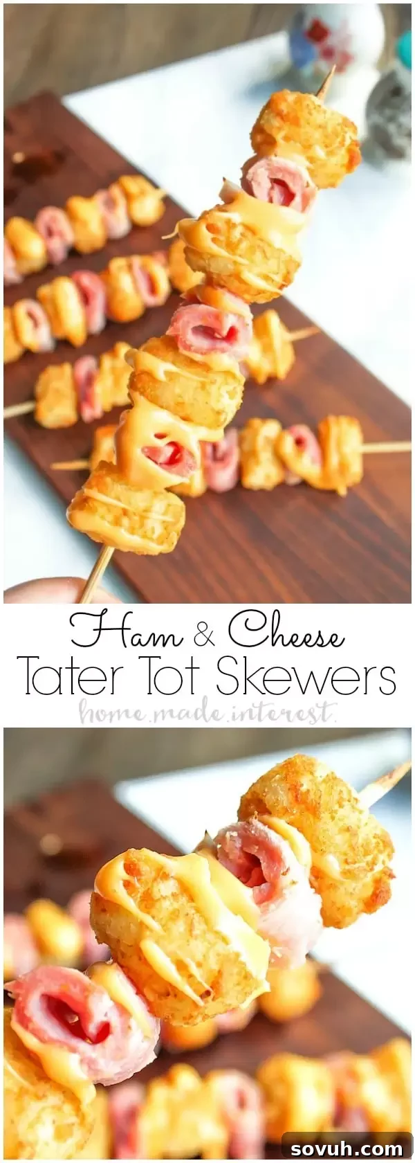 Ham and Cheese Tater Tot Skewers | If you are looking for a simple but totally awesome Game Day appetizer this game day recipe is it. Ham and Cheese Tater Tot Skewers are an easy appetizer recipe with layers of ham and tater tots skewered together and drizzled with creamy american cheese. This is going to be perfect food for your next super bowl party or football party!