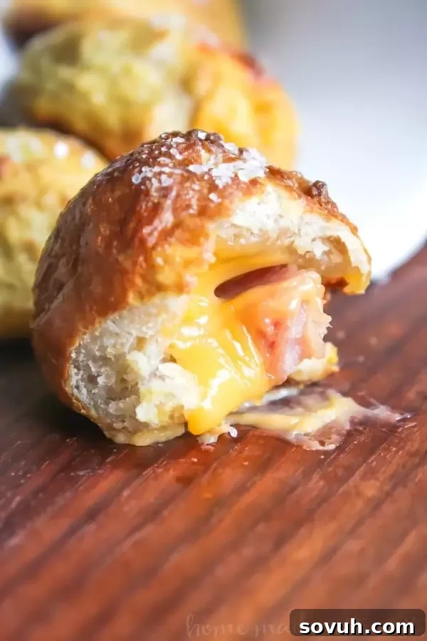 Delicious Ham and Cheese Pretzel Bombs, an easy and popular football party appetizer.