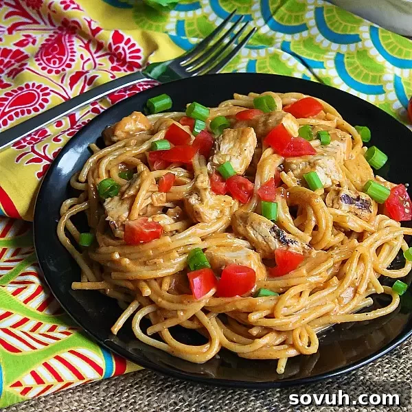 Creamy Chicken Enchilada Skillet Spaghetti, a perfect fusion dinner. Delicious chicken and spaghetti noodles coated in a rich enchilada sauce, topped with fresh garnishes. Ideal for an easy weeknight meal that adults and kids will adore.