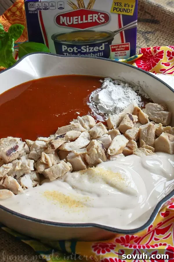 Step-by-step image showing ingredients for Chicken Enchilada Skillet Spaghetti. Mueller's Pot-Sized Thin Spaghetti, cooked chicken, enchilada sauce, Alfredo sauce, garlic powder, and flour laid out before cooking.