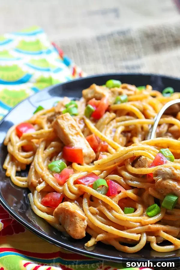 Close-up of a serving of Chicken Enchilada Skillet Spaghetti, showcasing the rich sauce, tender chicken, and perfectly cooked spaghetti, ready for toppings. A mouthwatering weeknight dinner option.