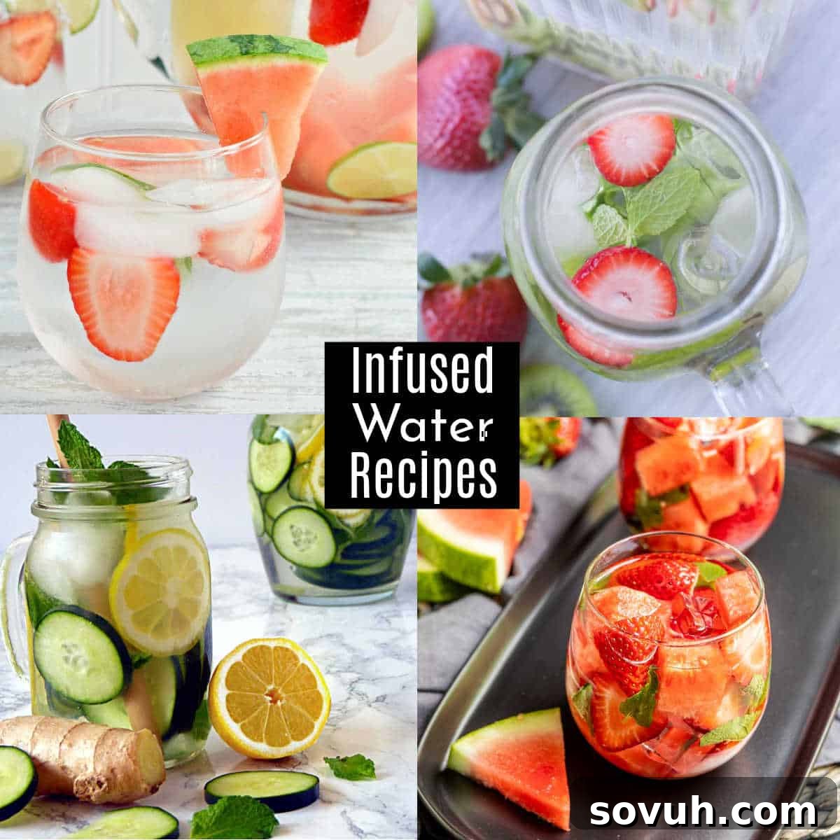 A refreshing assortment of colorful infused water recipes in elegant glass cups, brimming with fresh fruits and herbs.