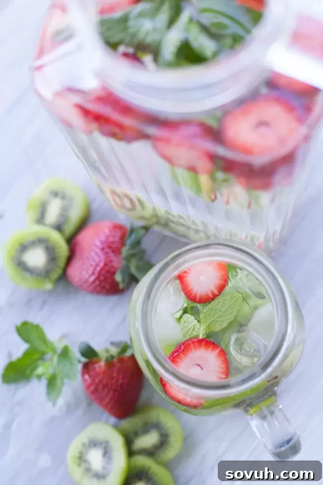 top down pic of a glass of kiwi and strawberry infused water
