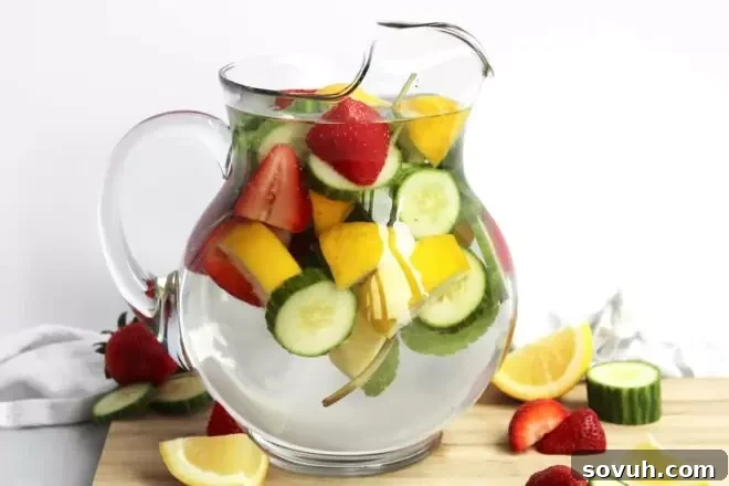 Pitcher of water with fresh cut cucumber, lemon, and strawberries