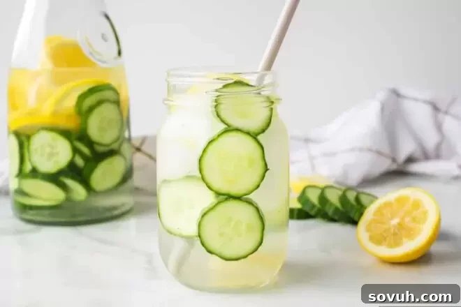 Mason jar filled with water and sliced of cucumber