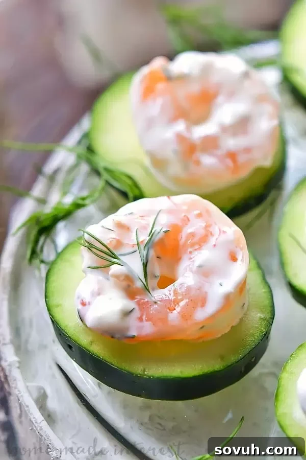 Close-up vertical shot of Dill Shrimp Appetizer served on cucumber rounds, highlighting the fresh dill.