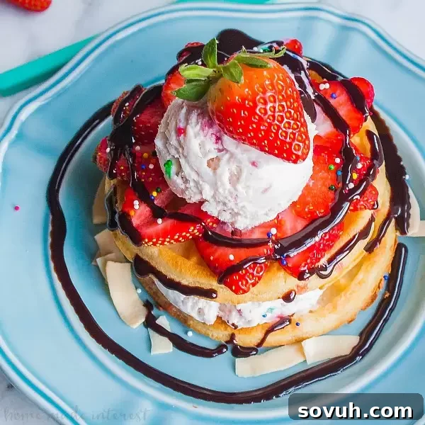 Delicious Waffle Sundae with ice cream and toppings, perfect for family fun