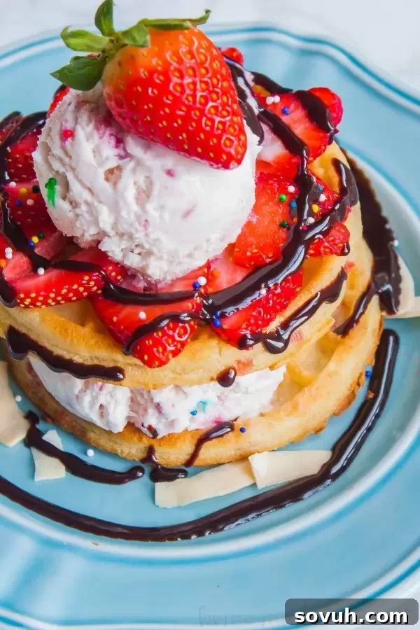 Tall Waffle Sundae with layers of waffles, ice cream, and colorful toppings