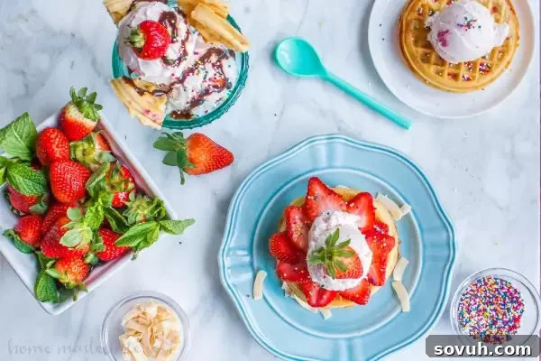 Top-down view of a delightful Waffle Sundae, showcasing its vibrant toppings