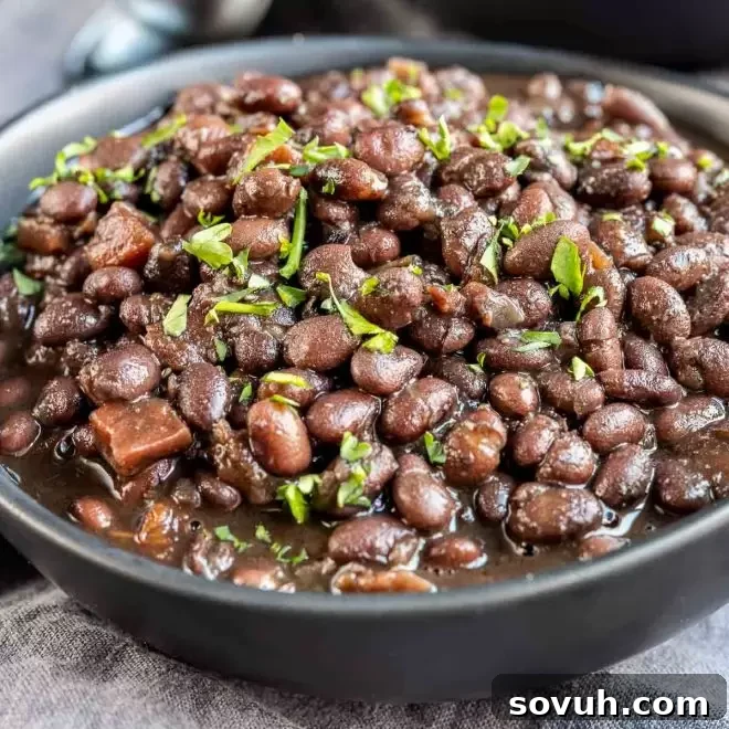A vibrant bowl of perfectly cooked Instant Pot Black Beans, garnished with fresh cilantro, ready to be served.