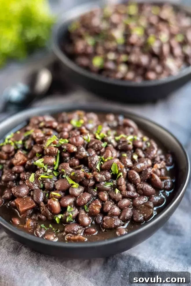 A rustic black bowl filled with savory Instant Pot Black Beans, topped with a sprinkle of fresh cilantro.