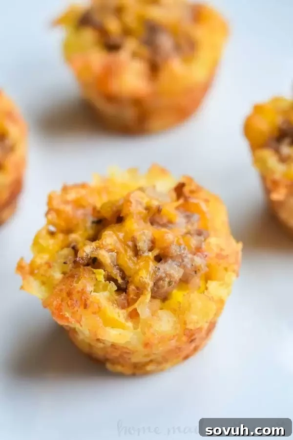 Vertical shot of three Sausage Egg and Cheese Breakfast Tots, showing the rich filling and golden tater tot crust.