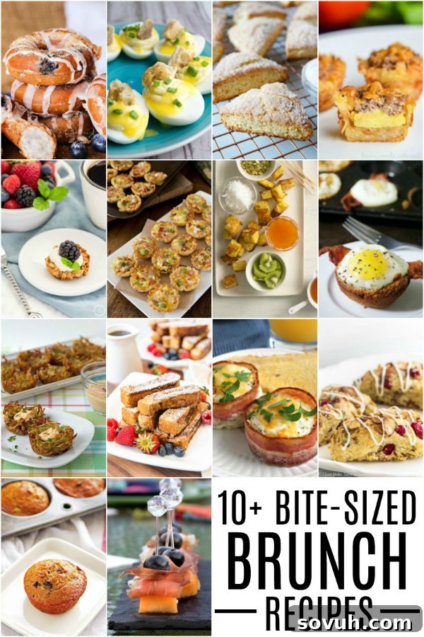 A collage of various bite-sized brunch recipes, including fruit skewers, mini quiches, and other savory and sweet treats.