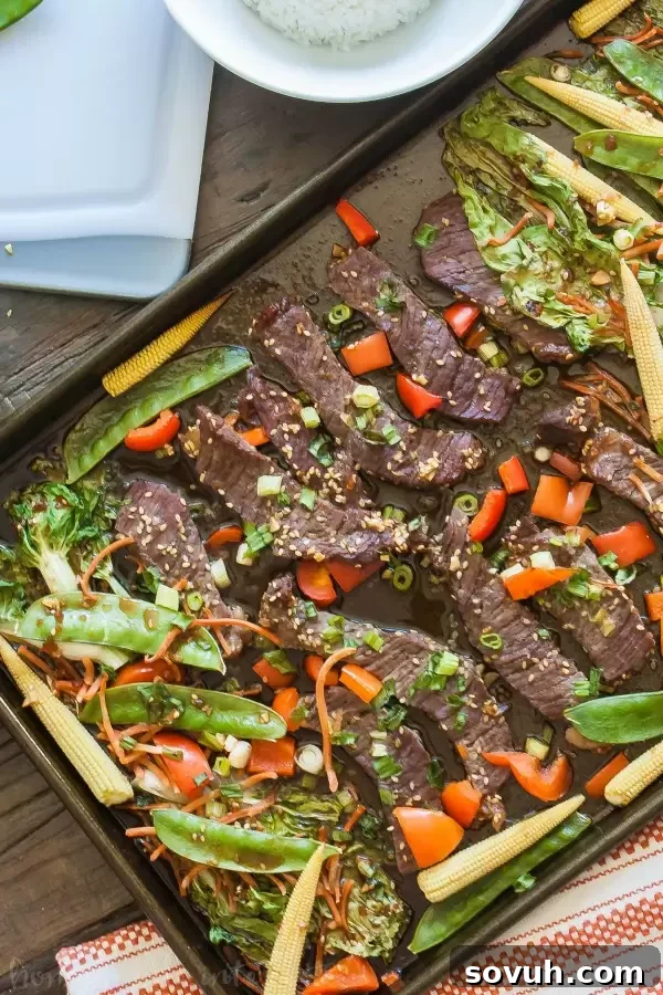 Sheet Pan Beef Teriyaki, a delicious and easy weeknight dinner recipe ready to be served over rice or noodles.
