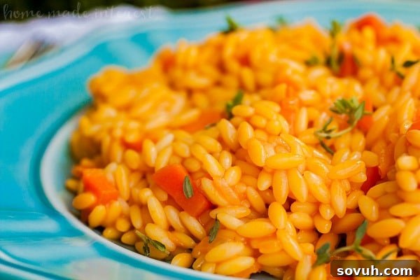 Close-up of vibrant Carrot Orzo, an easy and flavorful spring side dish cooked like risotto with orzo pasta and carrot juice, perfect for Easter dinner.