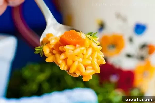 Carrot Orzo served in a bowl with a spoon, showcasing its rich orange color and creamy texture. A perfect spring side dish for Easter.