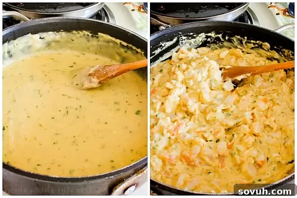 Assembling the creamy shrimp filling for Portuguese Shrimp Turnovers (Rissóis de Camarão). A step-by-step guide to creating the delicious core of these make-ahead appetizers.