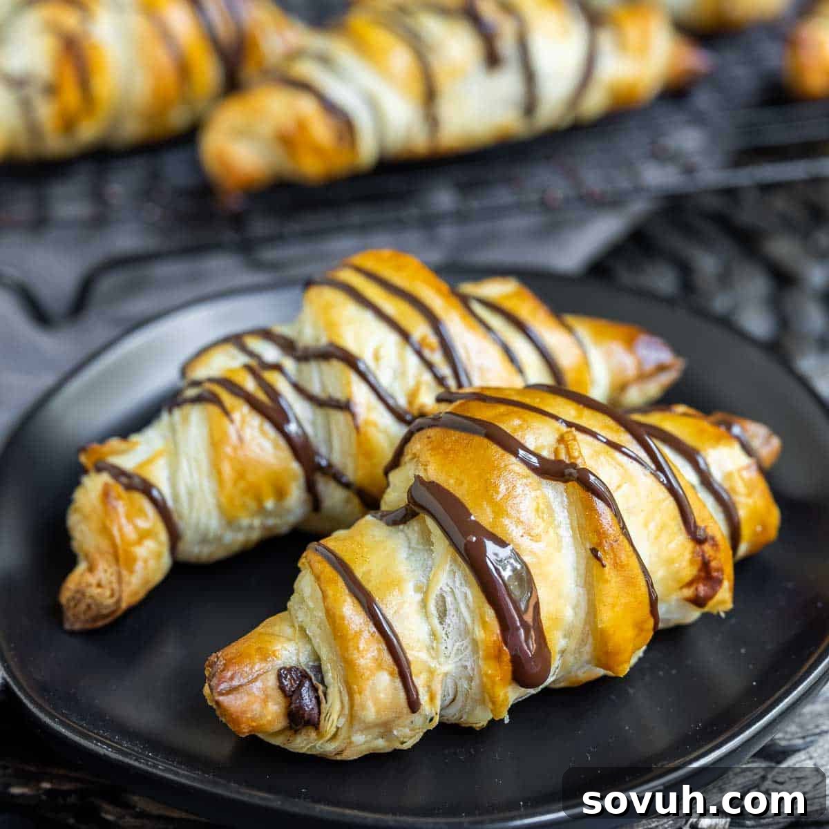 Easy Chocolate Croissant on black plate, garnished with chocolate drizzle