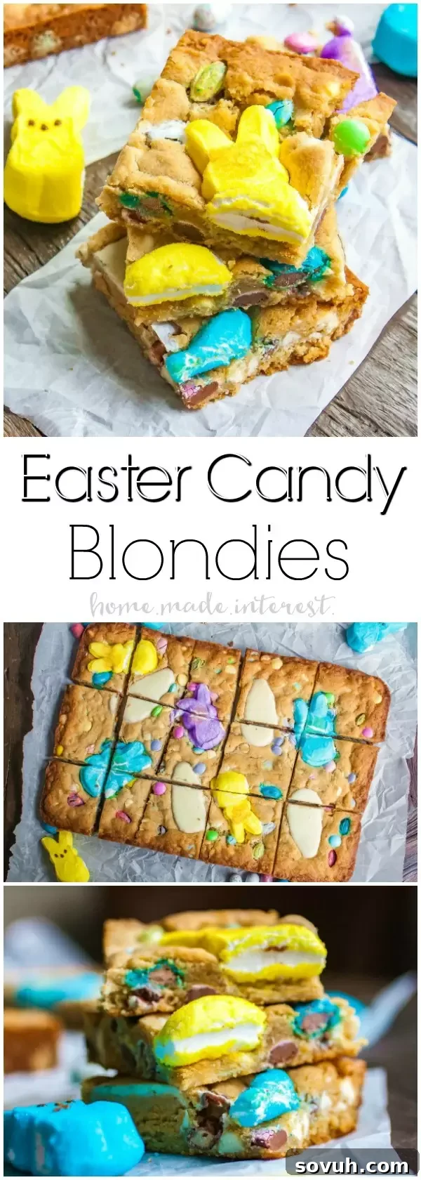 Colorful Easter Blondies 2 Delicious Easter Candy Blondies, a perfect recipe for using up leftover Easter treats like chocolate eggs, jelly beans, and Peeps marshmallows. Ideal for a festive dessert or sweet snack.