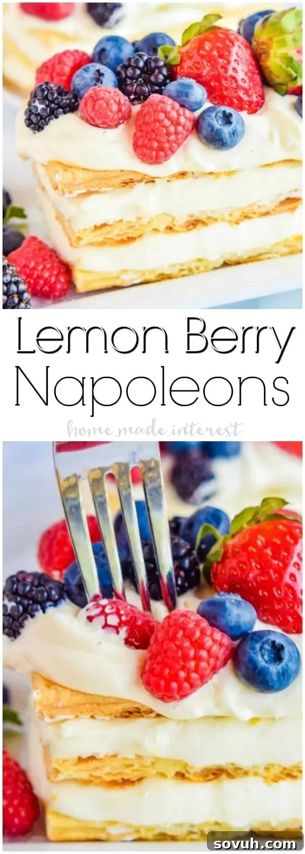 Classic Lemon Berry Napoleon dessert with layers of crispy puff pastry, creamy lemon mousse, and fresh berries, perfect for spring and summer.