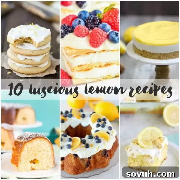 A square image featuring a variety of lemon-themed desserts, inspiring more lemon recipe ideas.