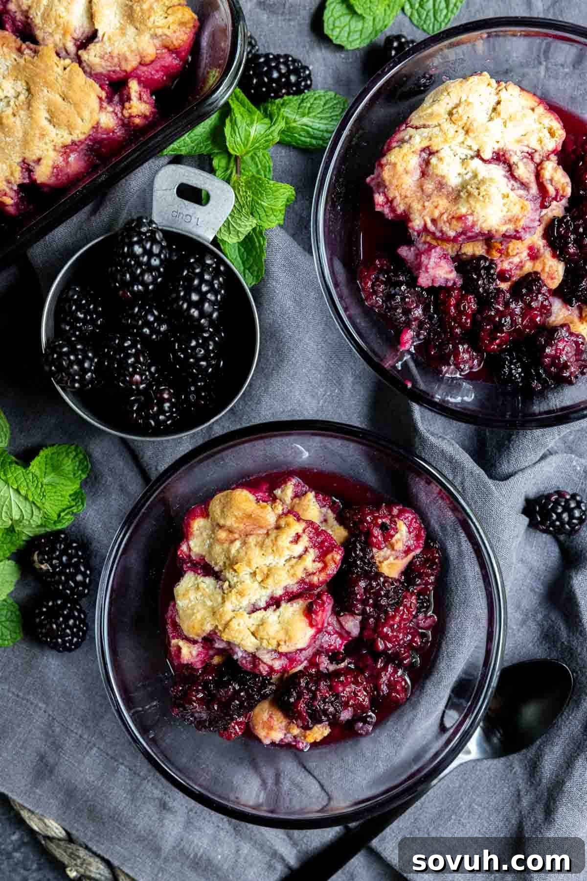 easy blackberry cobbler in two bowls with a cup of fresh blackberrys and fresh mint