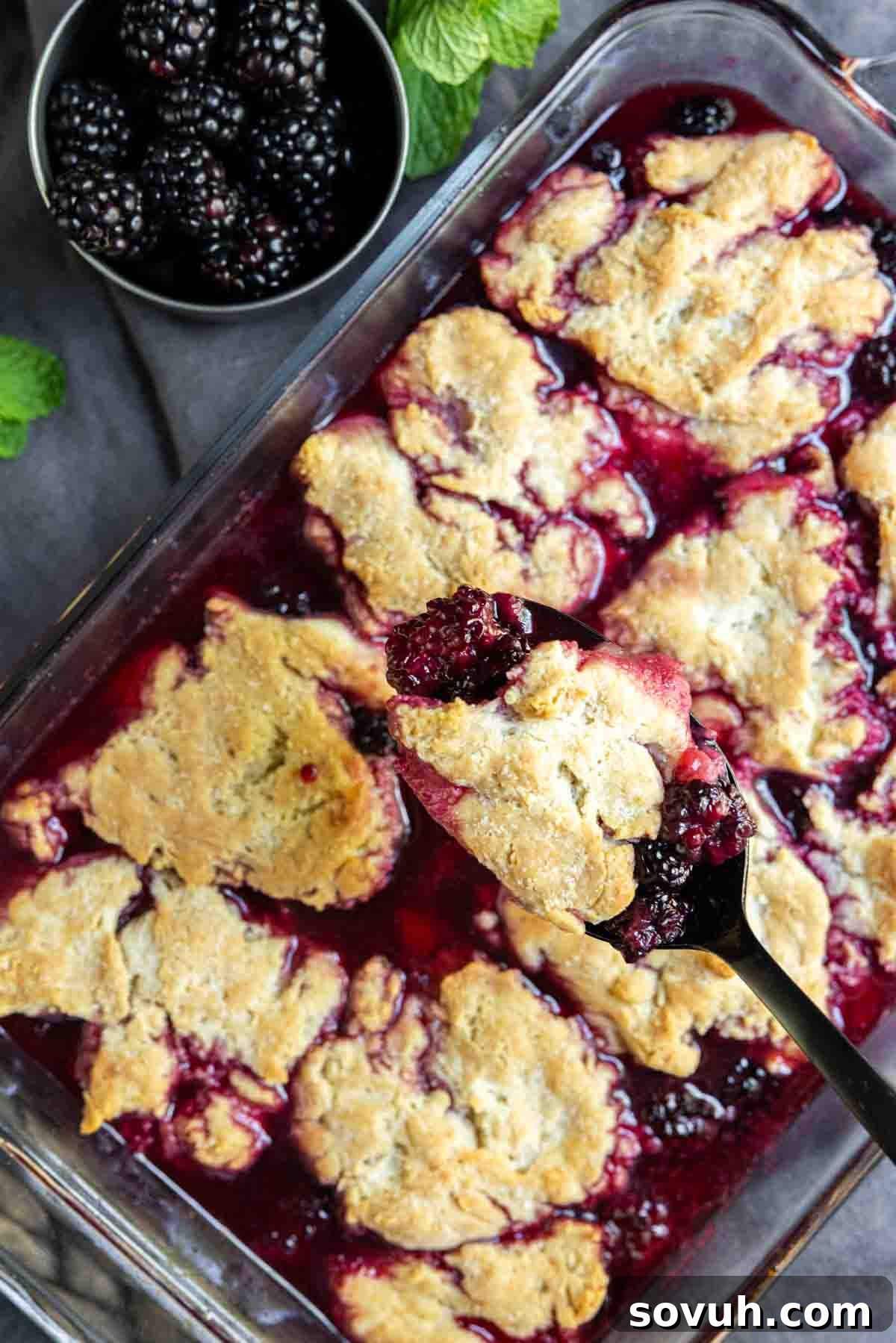 serving easy blackberry cobbler on black spoon