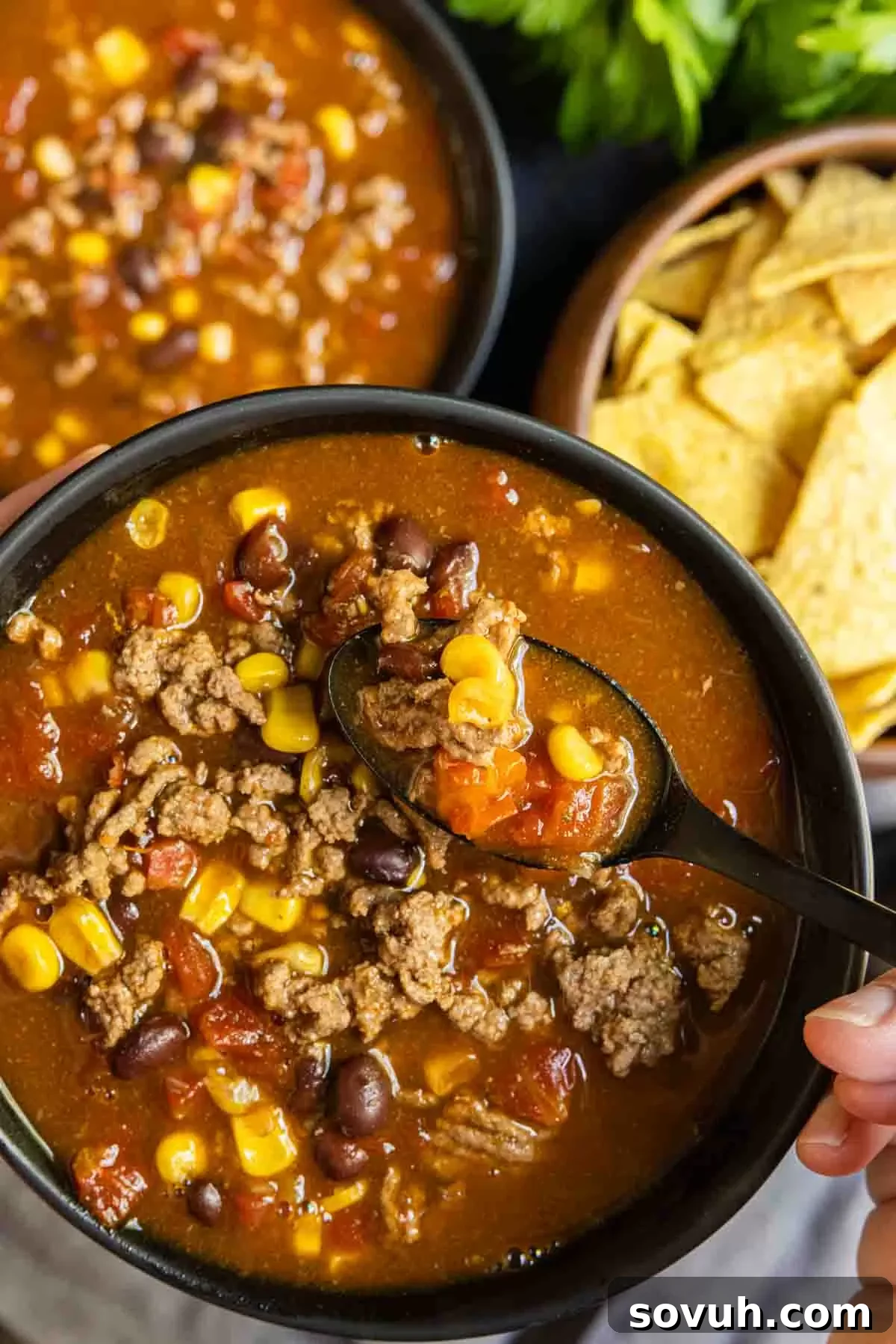 A beautifully garnished bowl of Instant Pot Taco Soup, served alongside warm corn tortillas and a side of crispy tortilla chips, inviting you to dig in.