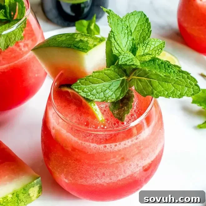 Frozen Watermelon Cocktail in a glass garnished with a slice of watermelon and a sprig of mint
