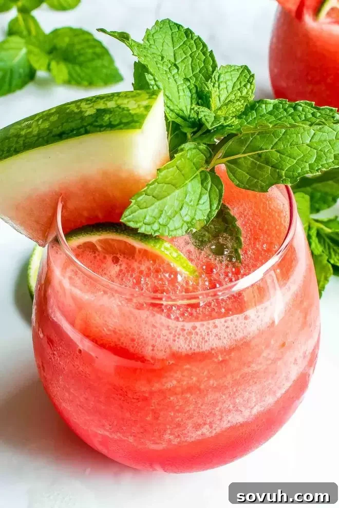 Frozen Watermelon Cocktail in a glass with a mint sprig