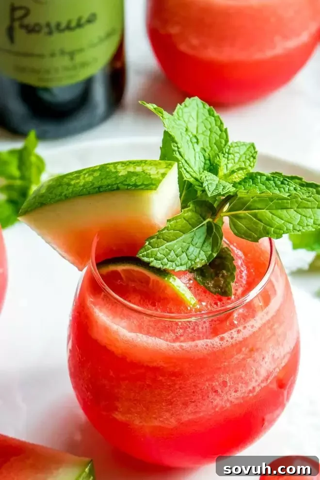 Frozen Watermelon Cocktail in a glass garnished with mint and a small watermelon slice