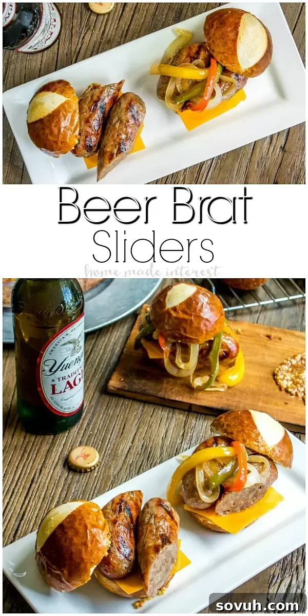 Beer Brat Sliders, a fantastic grill recipe for summer parties, featuring beer-infused grilled bratwurst on pretzel buns with beer braised onions and cheddar cheese.