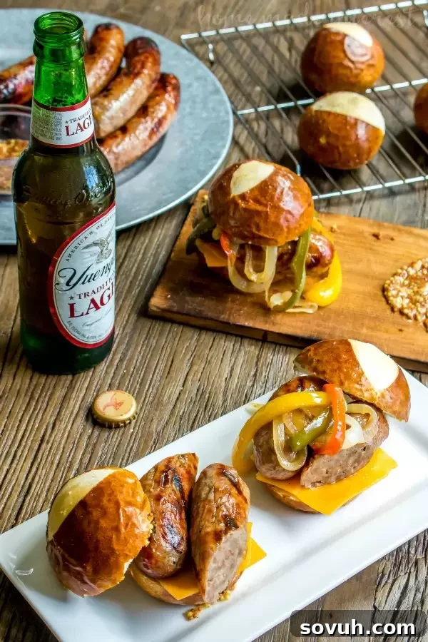 A delicious Beer Brat Slider, showcasing all the layers and textures, perfect for a summer gathering.