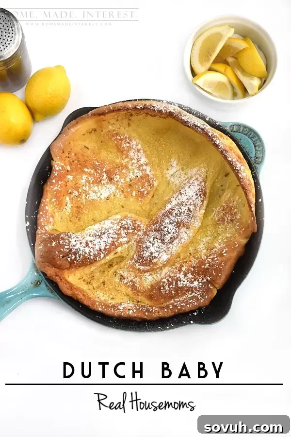 Golden, puffed Dutch Baby Pancake with powdered sugar and lemon wedges on Realhousemoms.com by Kat & Melinda at homemadeinterest.com