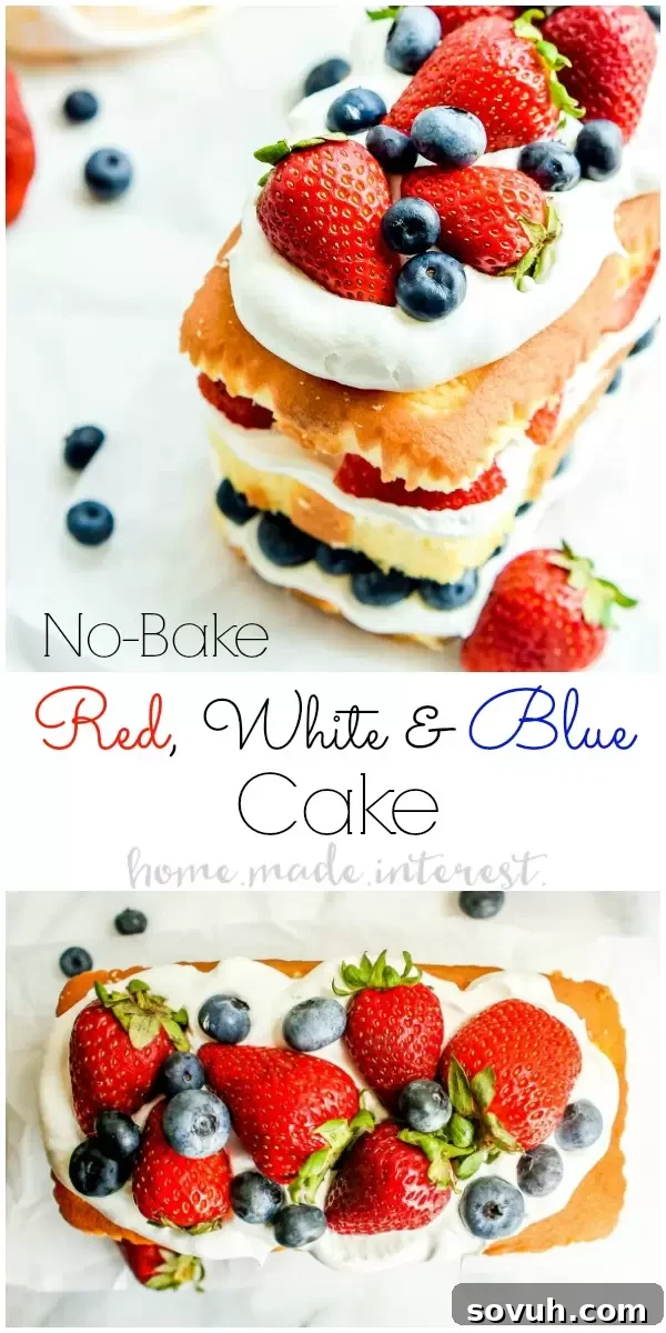 A stunning No Bake Red White and Blue Cake, layered with whipped cream, fresh blueberries, and sliced strawberries, making it an ideal 4th of July, Memorial Day, or Labor Day dessert. This easy summer cake recipe is visually appealing and deliciously refreshing.